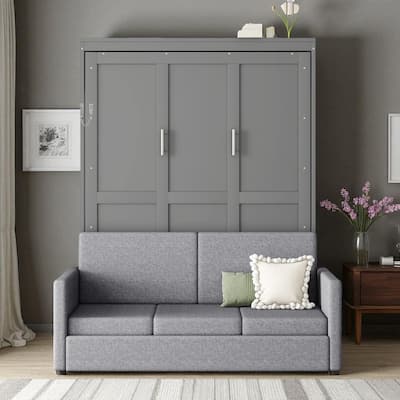 Queen Murphy Wall Bed with Sofa Cushion, Dual-Piston Fold Down, 8 in Mattress, 600 lb Capacity, 66.8 x 87 x 87.8 in