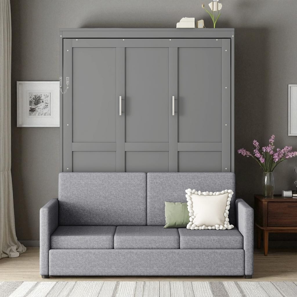 Queen Murphy Wall Bed with Sofa Cushion, Dual-Piston Fold Down, 8 in Mattress, 600 lb Capacity, 66.8 x 87 x 87.8 in