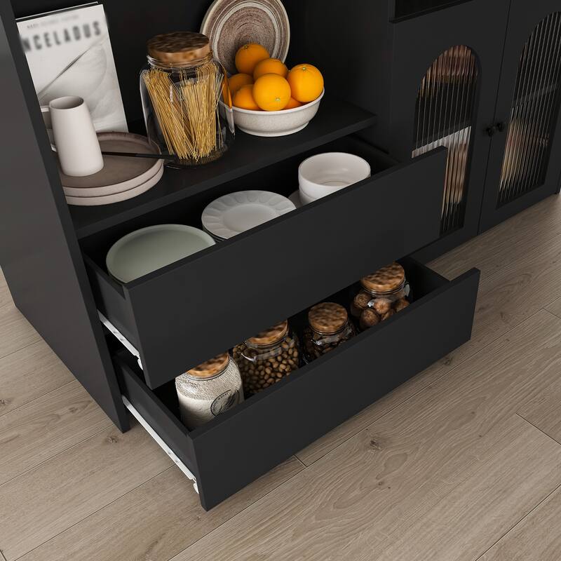 Kitchen Island with Extendable & Rotating Table, Kitchen Table with Power Outlet, 4 Drawers & Glass Door Cabinets