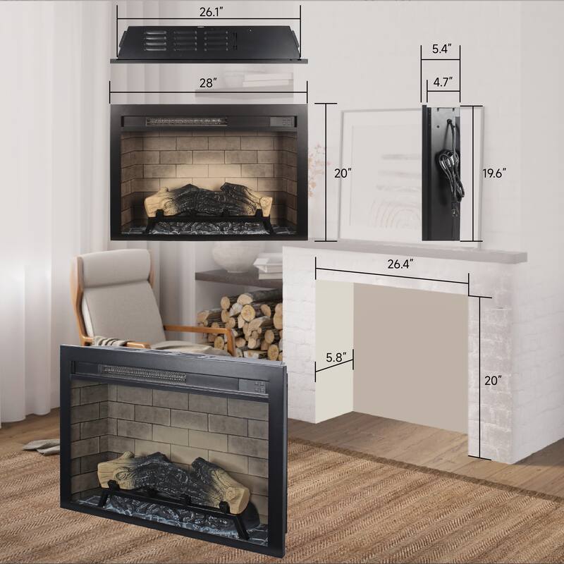 28-Inch Electric Fireplace Multicolor Flames Wall or Floor Use - 28” x 5.40” x 20”