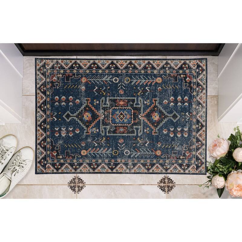 Larson Machine Washable Teal & Ivory Area Rug