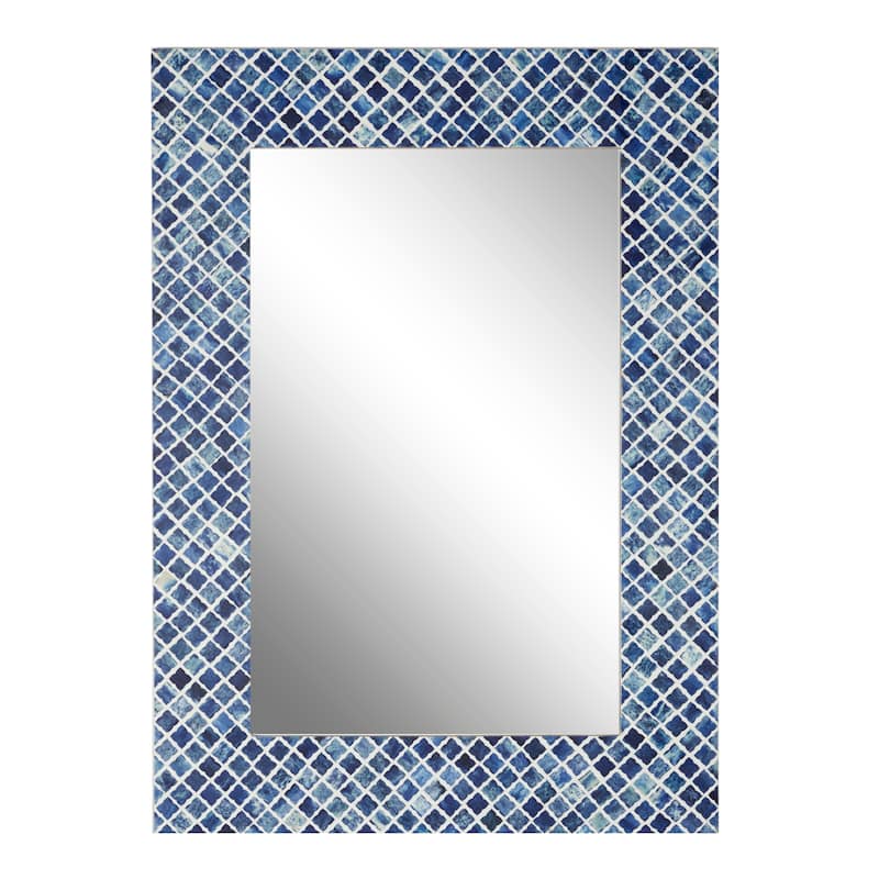 Blue Wood Quatrefoil Room Wall Mirror with Bone Inlay