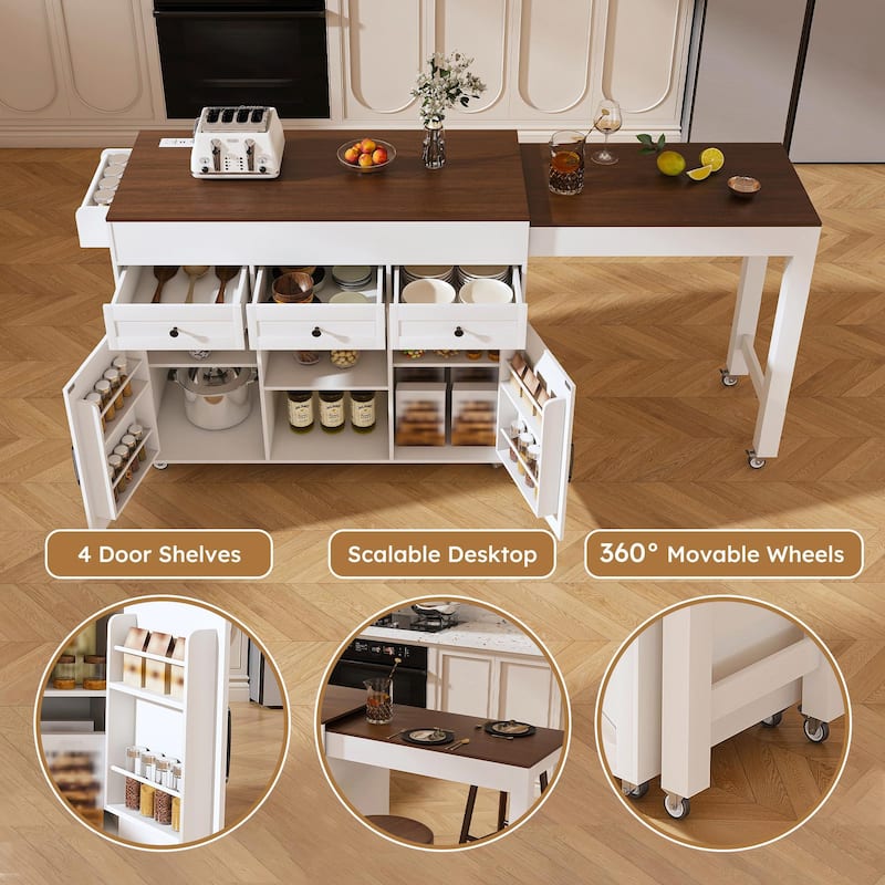 74.8" Kitchen Island with Extendable Dining Table & Power Outlet