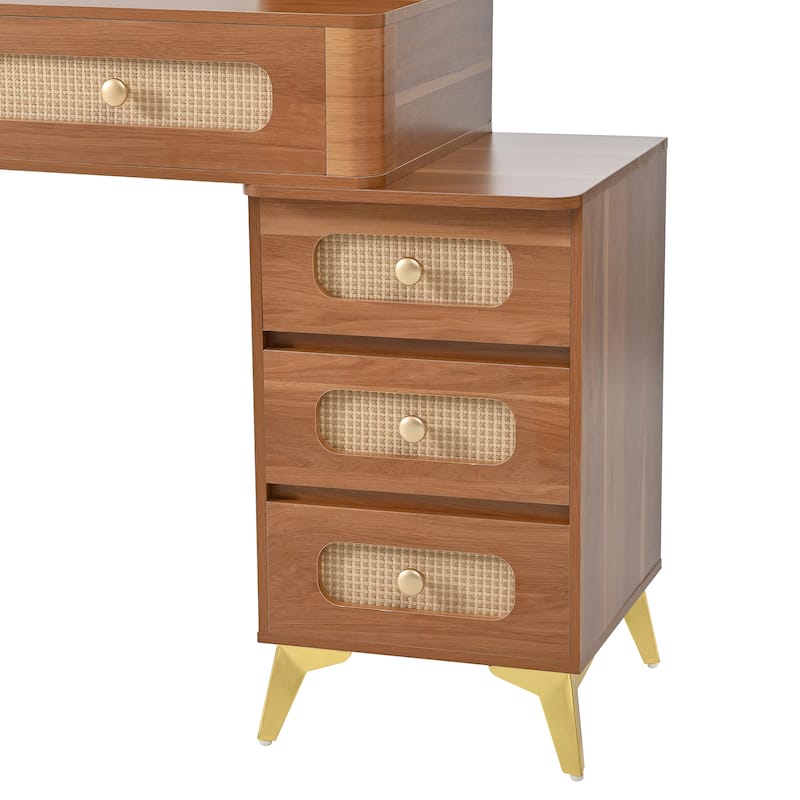 Retro Rattan Makeup Vanity Desk with 5 Drawers and Storage Shelf, Dressing Table with Rectangular Mirror and Touch Light