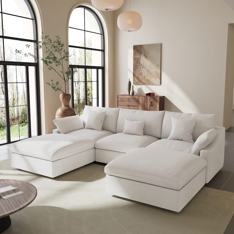 Modular Sectional Sofa Cloud Couch, 119.29" Oversized U Shaped Couch with Chaise Ottomans for Living Room - White