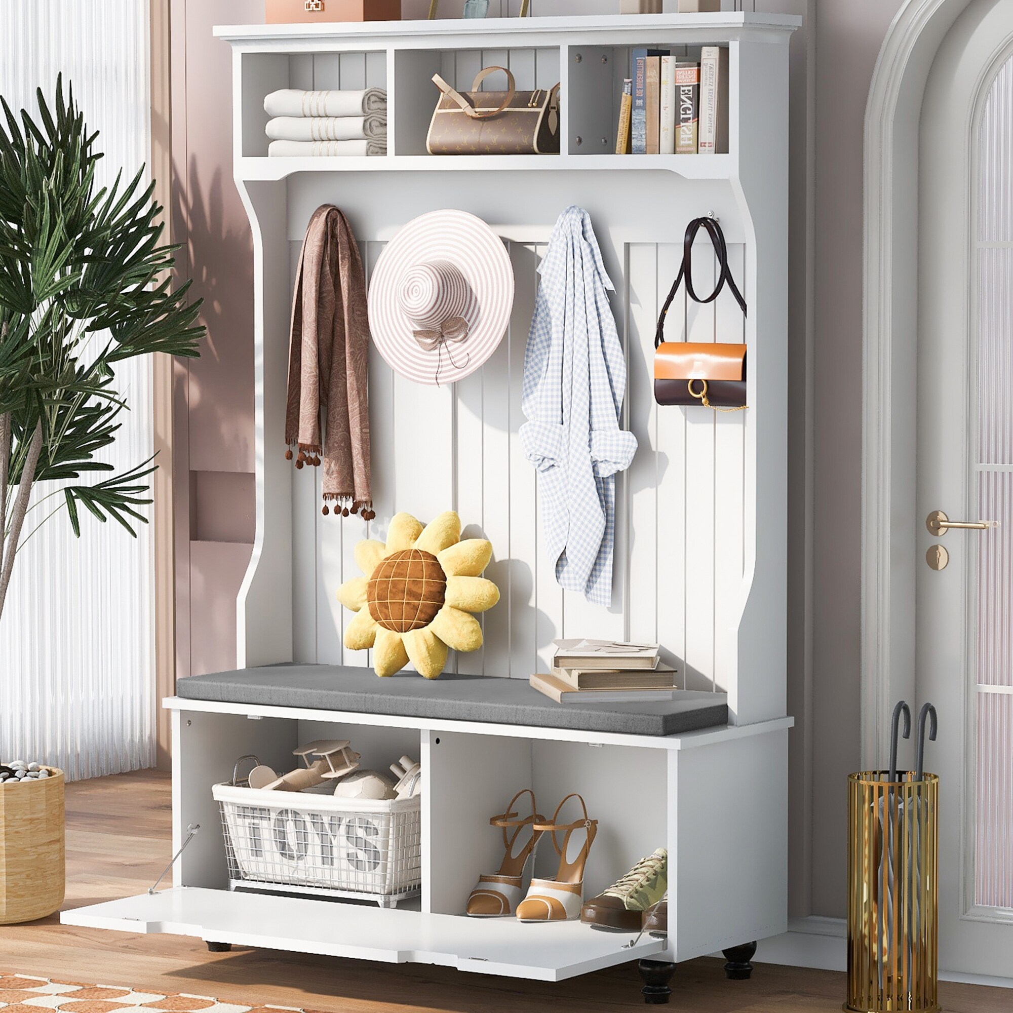 White Hall Tree Bench with Storage Cabinet Hooks Bed Bath Beyond 40552551