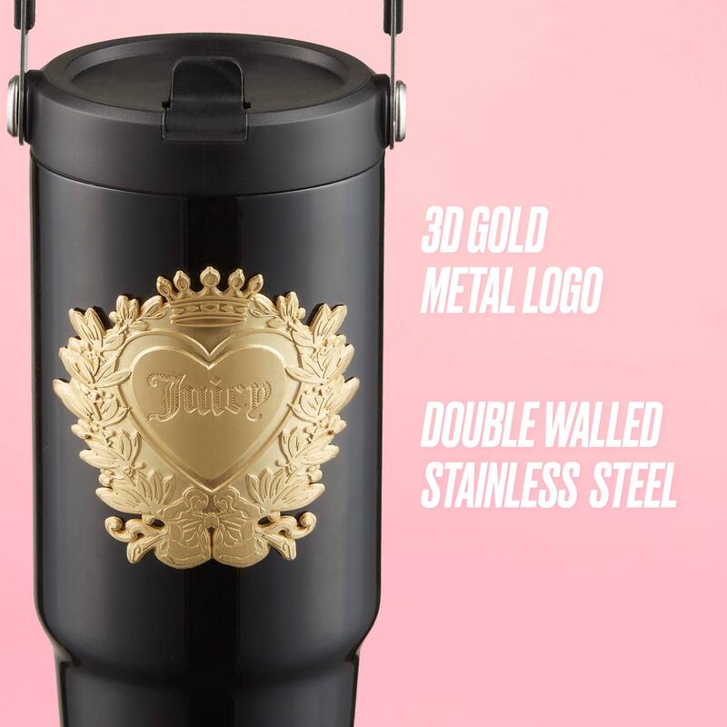 Juicy Couture Flip Flow Hydration Stainless Steel Screw Top Tumbler with Flip Straw and Carry Handle