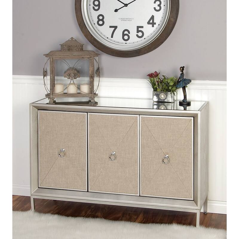 Wooden Upholstered Front Panel 1 Shelf and 3 Doors Cabinet with Mirrored Top and Ring Handles - Gray - Roche River Decor