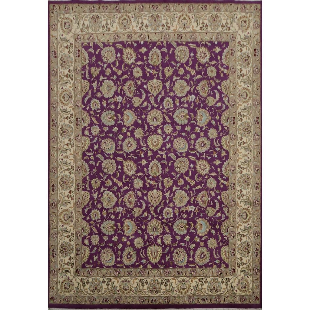 Hand Knotted Oriental Wool & Silk Carpet Traditional All-Over Purples Tabriz Area Rug - 10' 4'' X 8' 1''