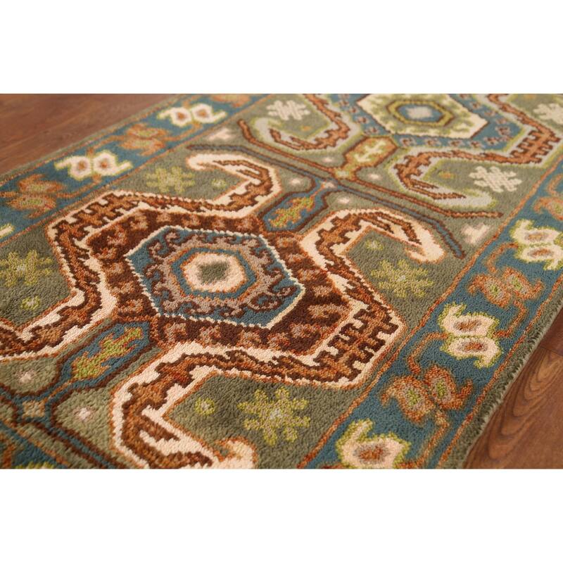 Green Geometric Kazak Runner Rug Hand-Knotted Traditional Wool Carpet - 2'8"x 9'8"