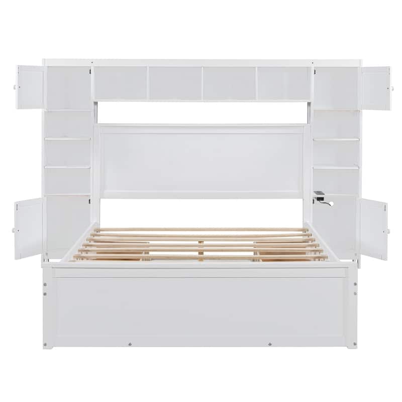 Queen Size Wooden Bed With All-in-One Cabinet
