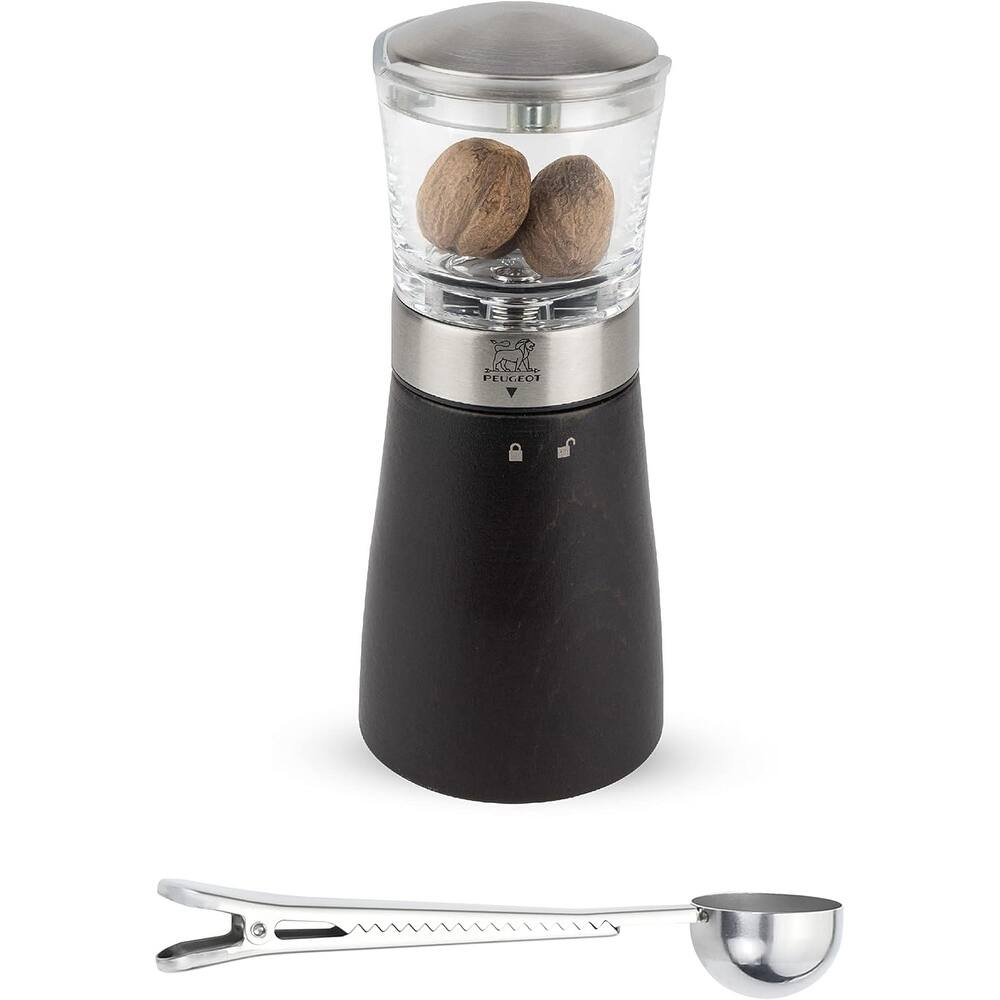 Madras Manual Nutmeg Mill - Spice Grinder - Stainless Steel Gift Set - With Stainless Steel Spice Scoop & Clip (Black Beachwood)