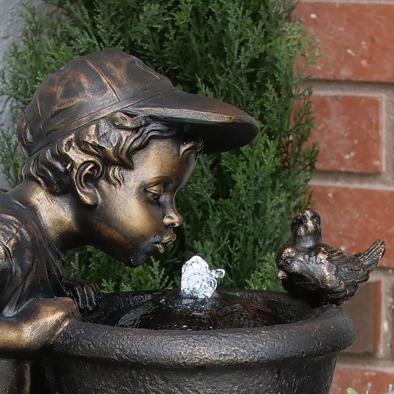 Alpine Corporation Outdoor Floor Joyful Boy and Girl Drinking Water Fountain, Playful Garden Waterfall with LED Lights
