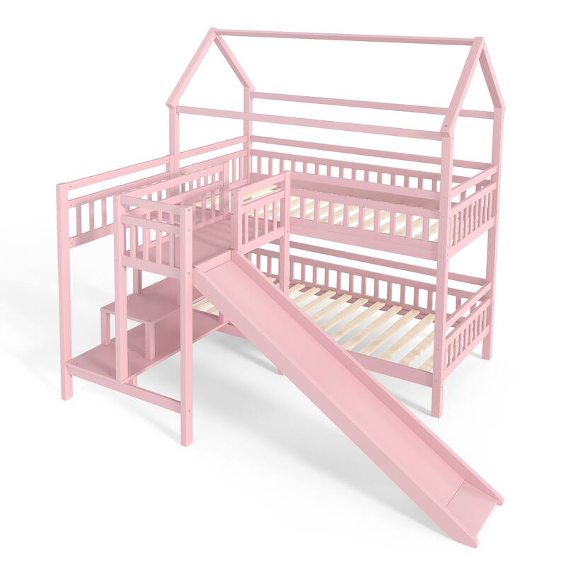 House-shaped Bunk Bed Playful Kids Bed Frame with Storage Stairs, Slide and 2 Placement Methods for Boys and Girls