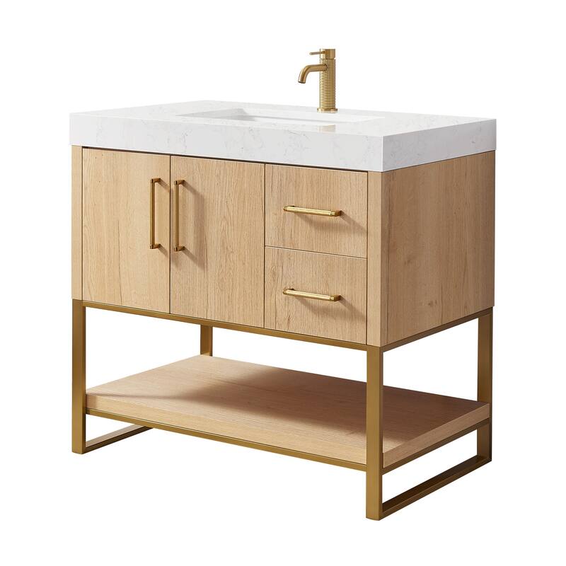 Kolkata Bathroom Vanity in Weathered Oak without Mirror - 36" - Golden Hardware