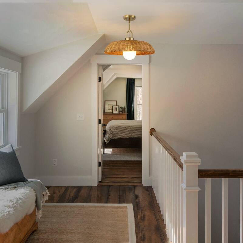 1-Light Modern Farmhouse Dome Straw Hat Hand Woven Chandelier with Natural Rattan Shade - Brass - 18.11" W × 9.06" H