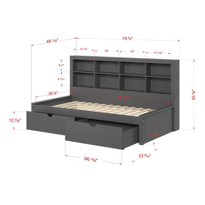 Twin Bookcase Daybed in Dark Grey with optional Trundle or Drawers