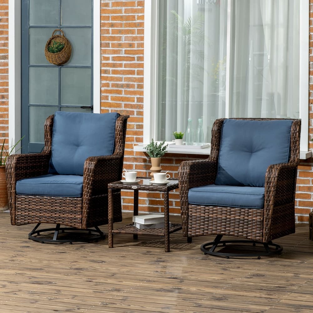 Outsunny 3-Piece Patio Bistro Set, PE Rattan Wicker Outdoor Furniture with Soft Cushions, 2 360° Swivel Rocking Chairs