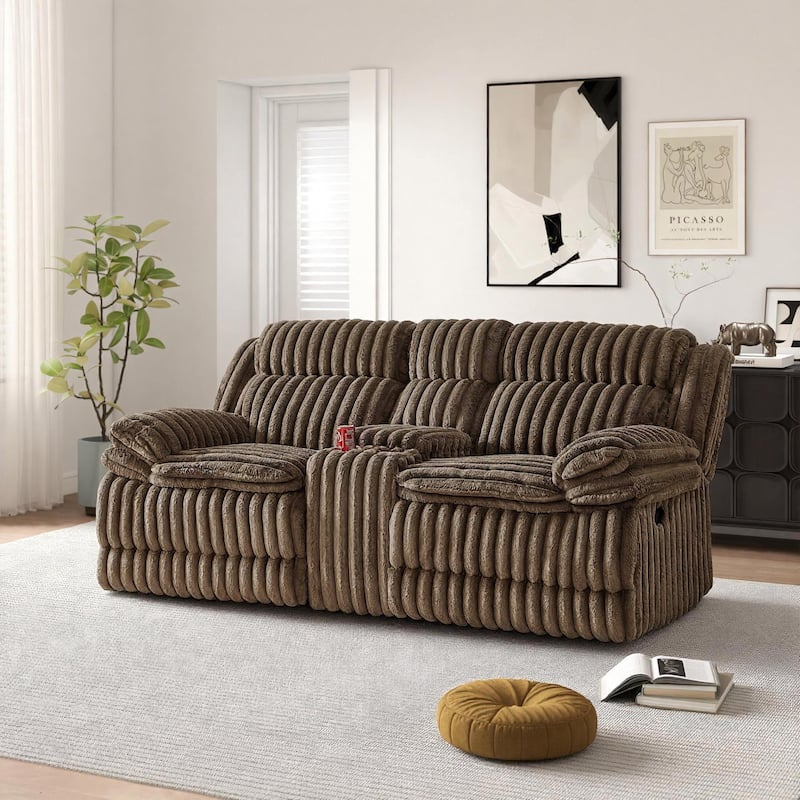 Roundhill Furniture Ardello 2-Piece Reclining Sofa Set, Corduroy Upholstery with Built-In Power Center, Chocolate