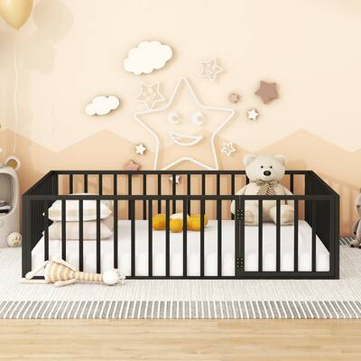 Queen Size Metal Floor Bed Frame with Fence and Door