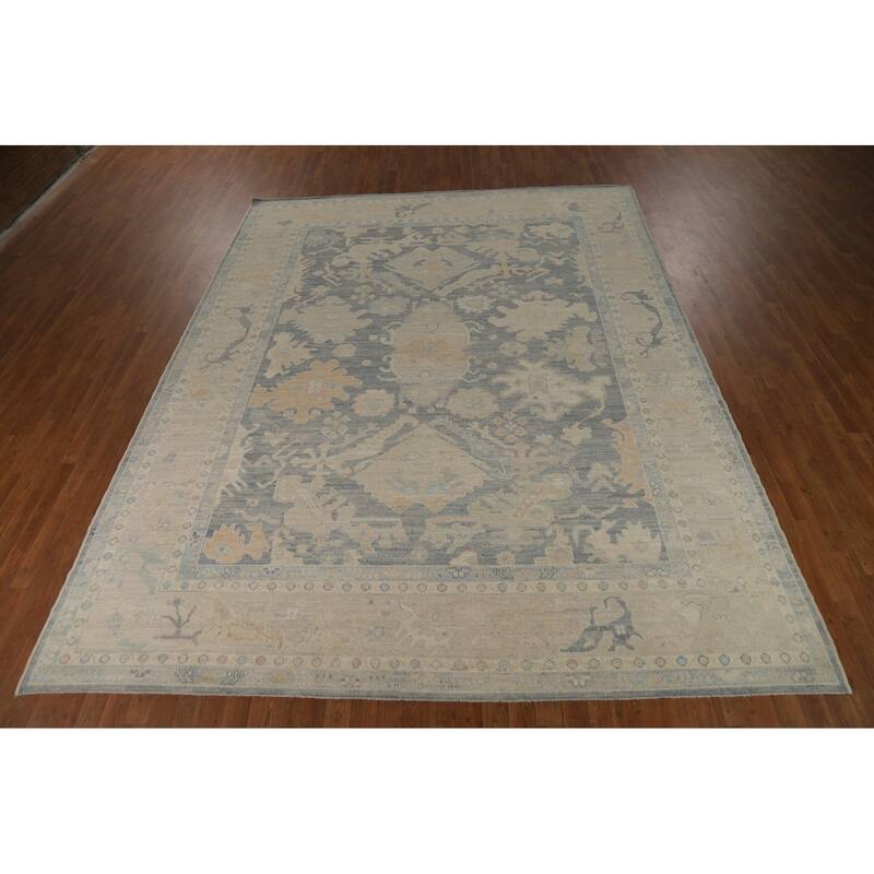 Vegetable Dye Oushak Turkish Rug Hand-Knotted Grey Wool Carpet - 9'2" x 11'10"