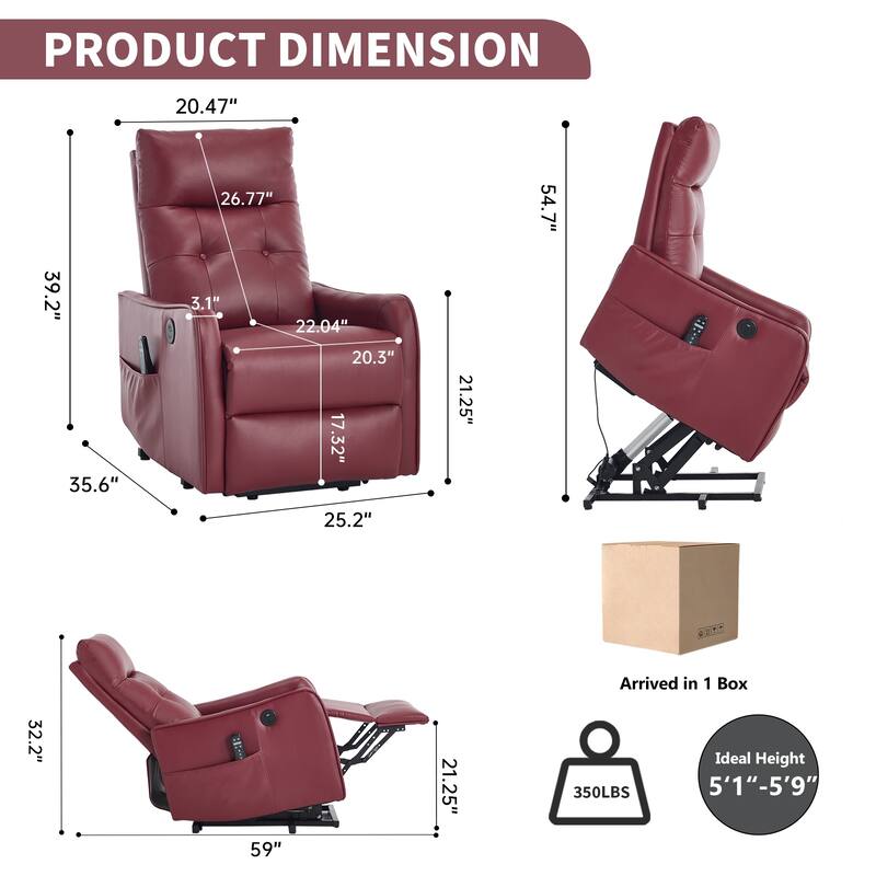 Roomfitters Power Lift Recliner Chair, Single Motor Massage Sofa with Heat and USB Port, Heavy Duty PU Leather
