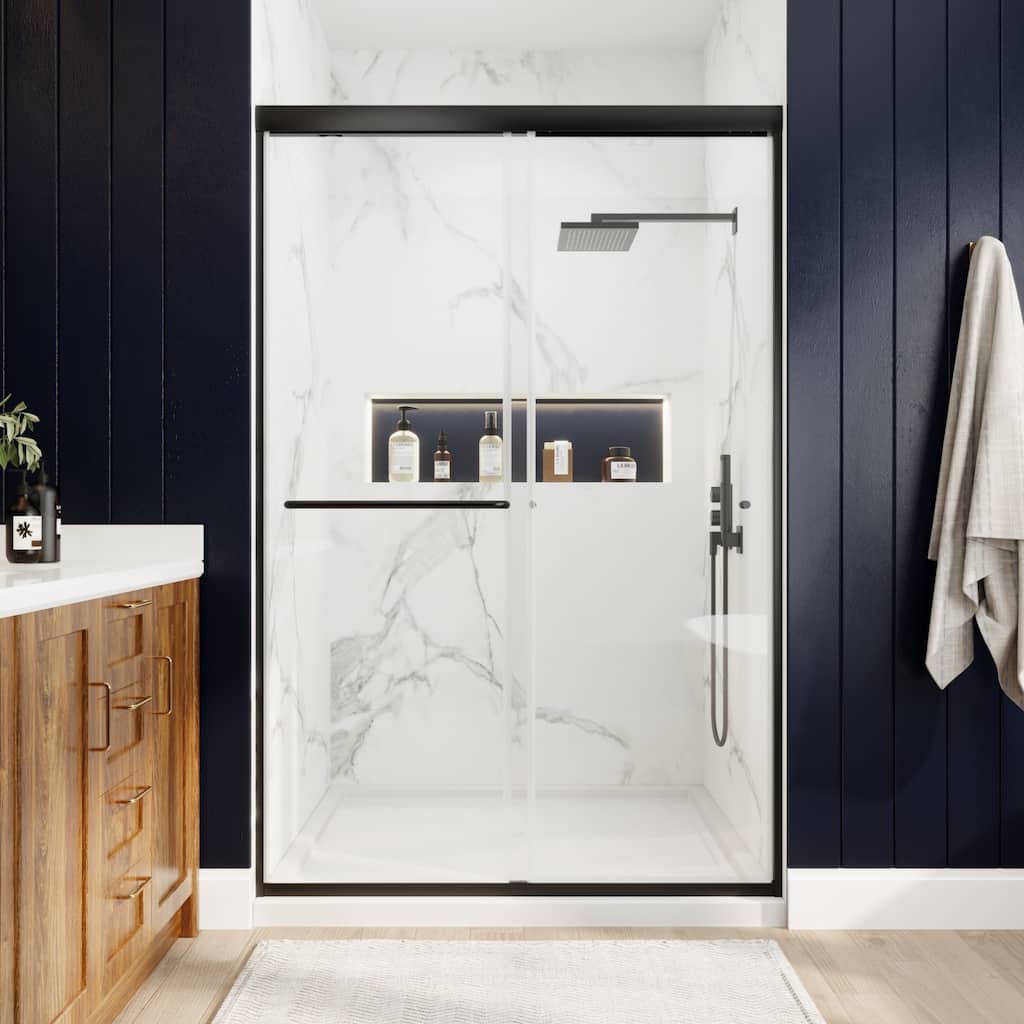 Modland 44''- 48'' W x 72'' H Glass Semi-Frameless Double Sliding Shower Tub Door in Matte Black / Brushed Nickel