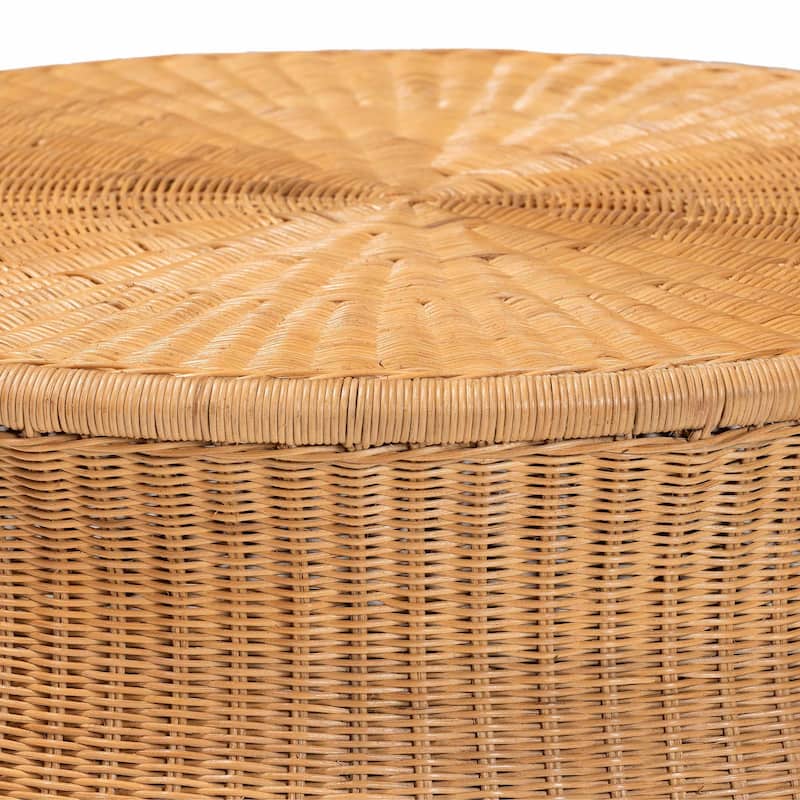 Caroline Round Natural Rattan Coffee Table - Handwoven Wicker Drum Shape Accent Table for Living Room or Sunroom, Light Honey