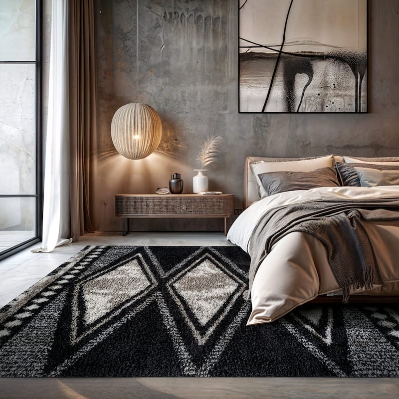Geometric Grid Shag Rug - Anthracite Dark Gray - Medium Pile - Durable for Living Room, Bedroom, or Entryway