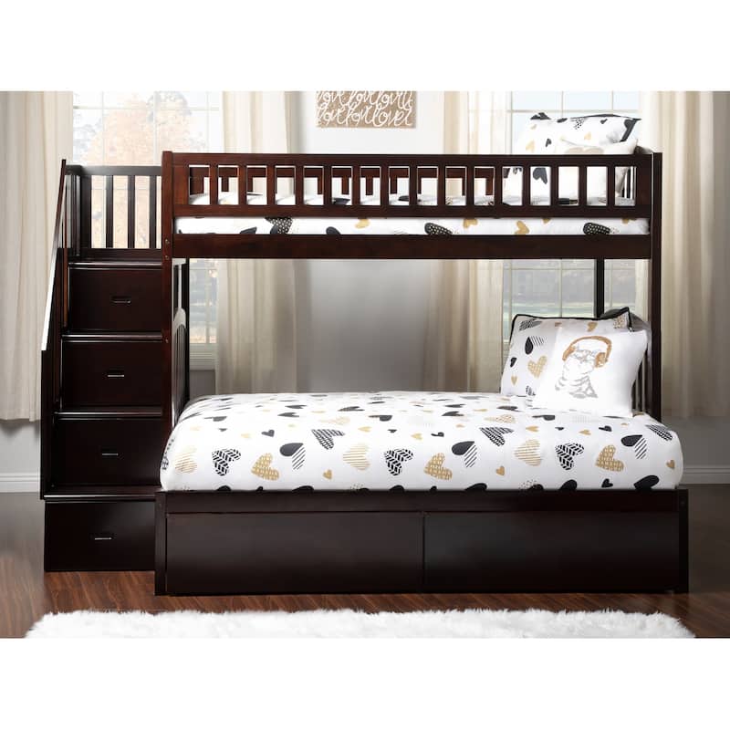 AFI Westbrook Twin over Full Size Staircase Bunk Bed with Bed Drawers & Charging Station in Espresso