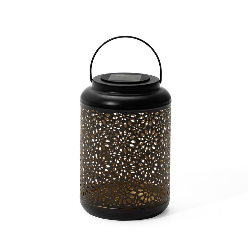 Glitzhome Set of 2 Metal Flower Solar Powered Outdoor Hanging Lantern - Black-1 pc