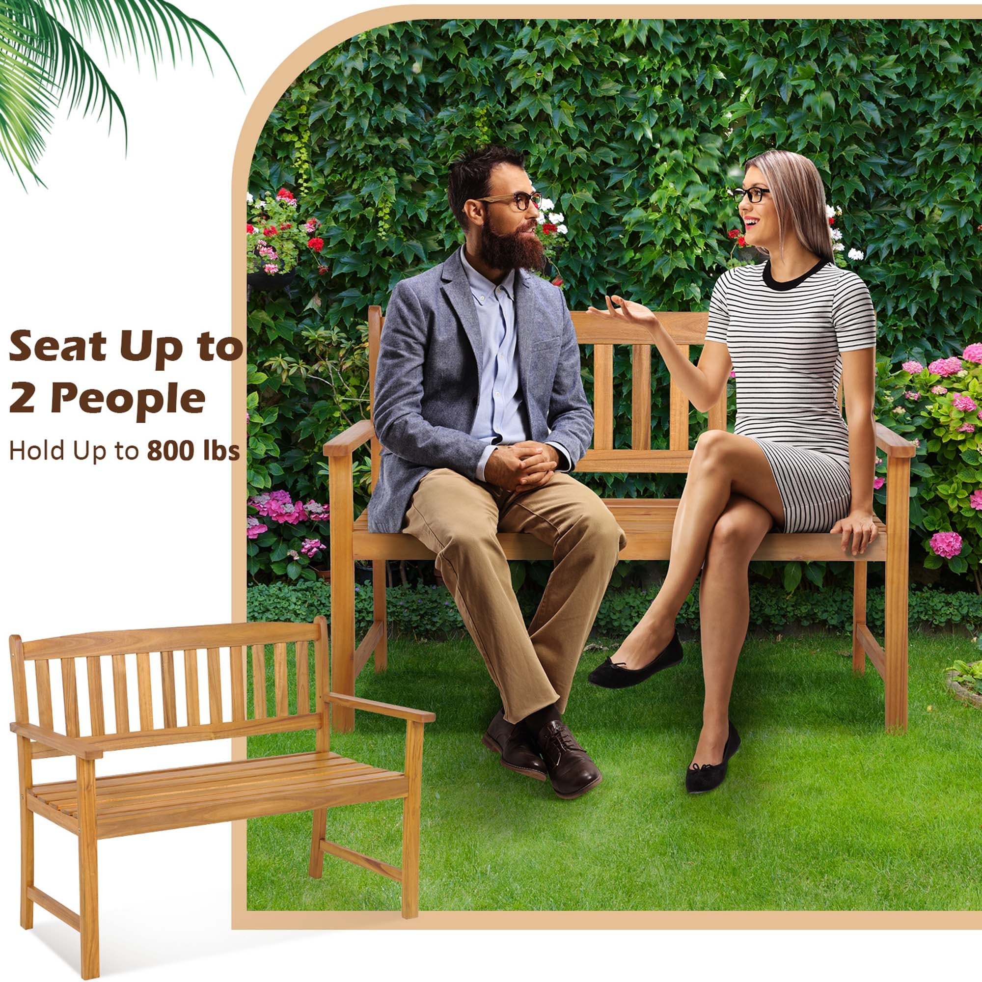 Costway Patio Acacia Wood Bench 2-Person 800 Lbs