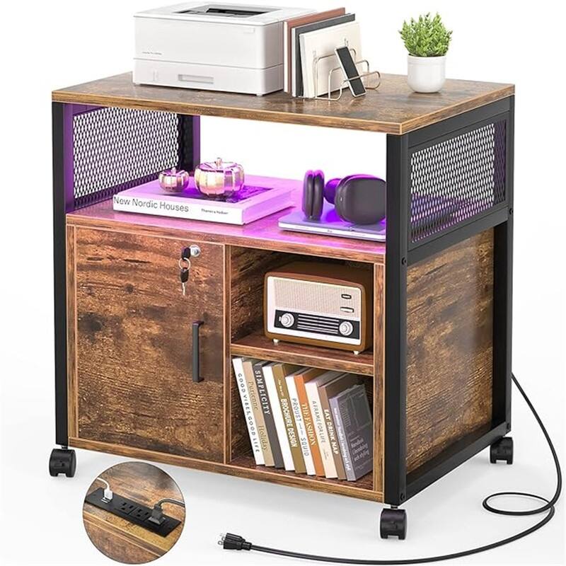 Printer Stand with LED Lights, - 23.6"D x 17.2"W x 26"H - Brown