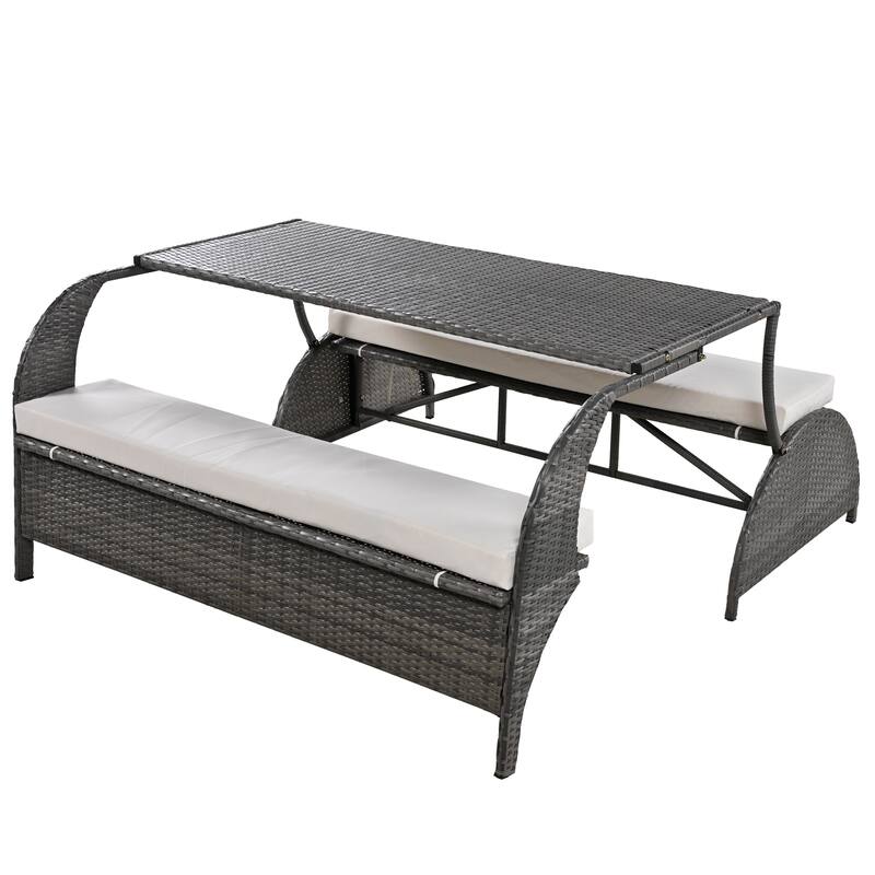 Multi-Functional Outdoor Patio Rattan Loveseat Sofa, Convertible 4-Seats Dining Set
