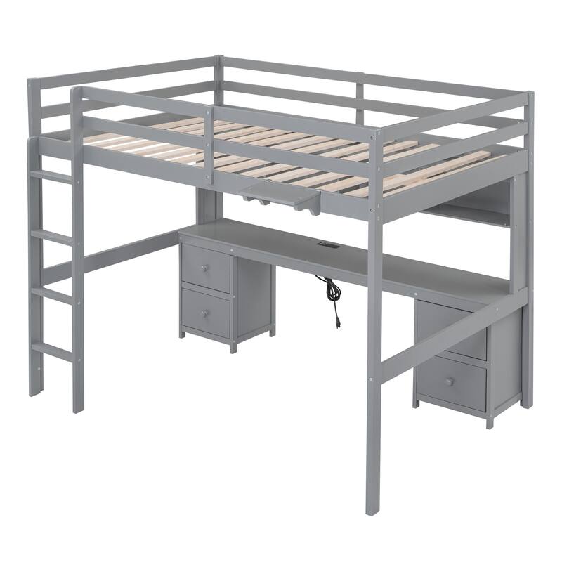 Full Size Loft Bed with Desk, Storage Cabinets, Drawers, and Charging Station