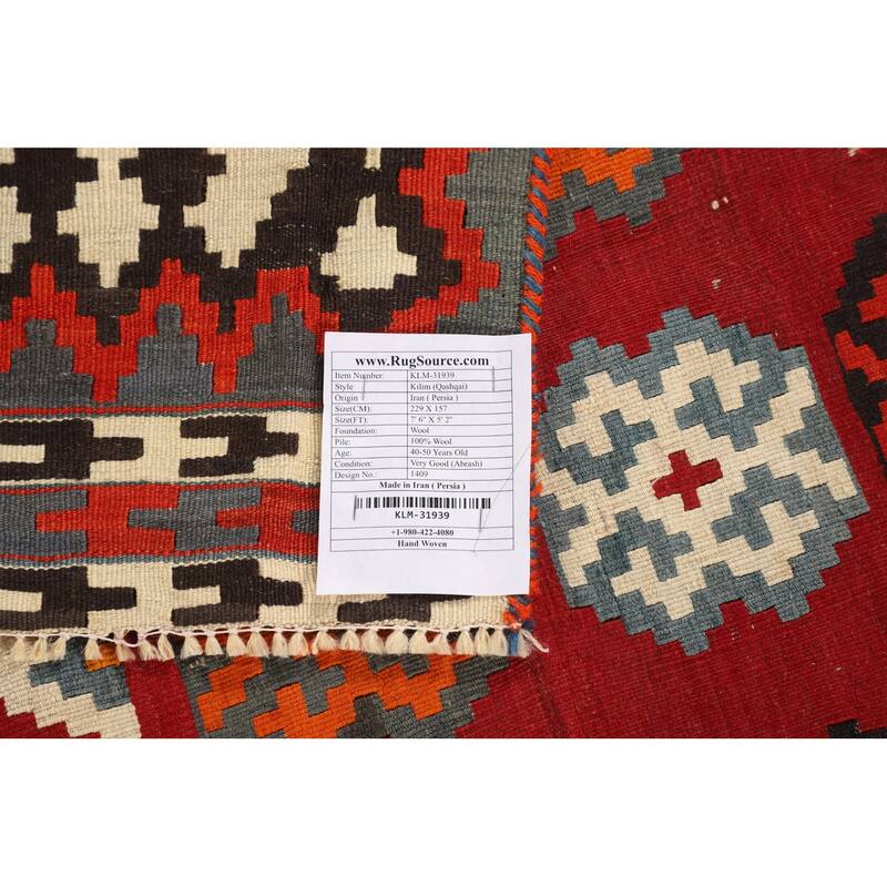 Red Kilim Qashqai Persian Vintage Rug Flatweave Oriental Wool Carpet - 5'2"x 7'6"