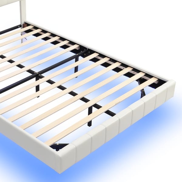 Full Size Bed Frame With Charging Station And RGB LED Lights Sturdy Platform Upholstered Storage Headboard Solid Metal Slats Noise Free Box Spring Needed Easy
