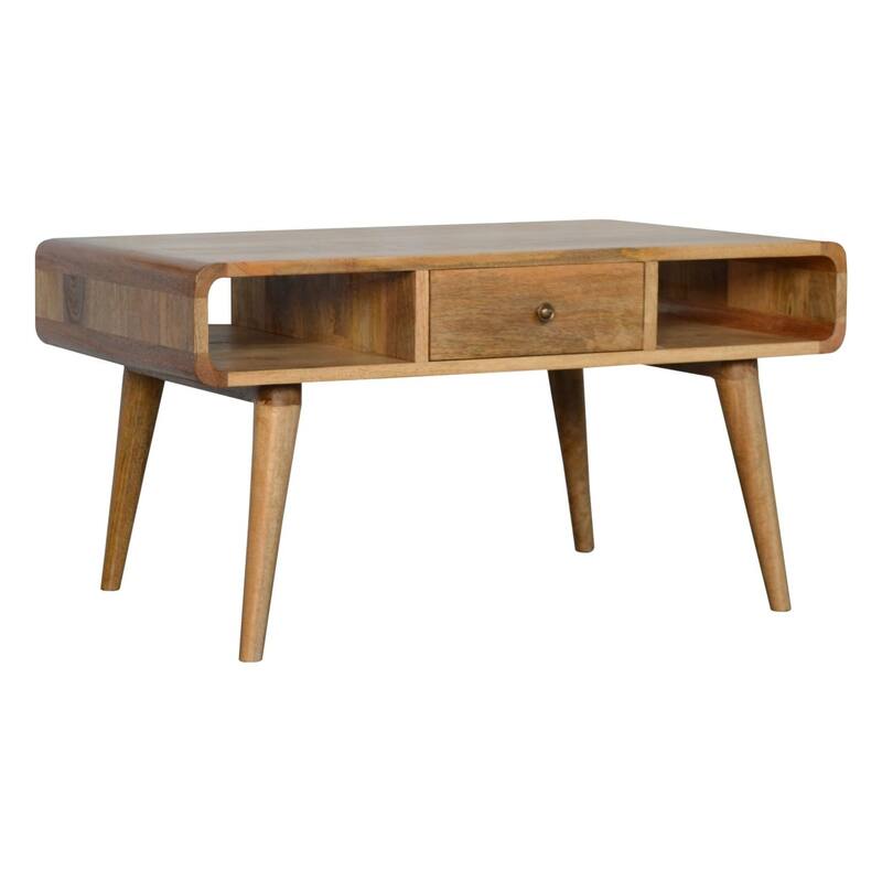 Artisan Furniture Oak ish Solid Wood Curved Coffee Table, Beige with 1 Drawer
