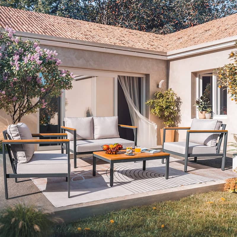 Furniwell 4 Pieces Patio Conversation Set Acacia Wood Chair Set, Beige - Beige
