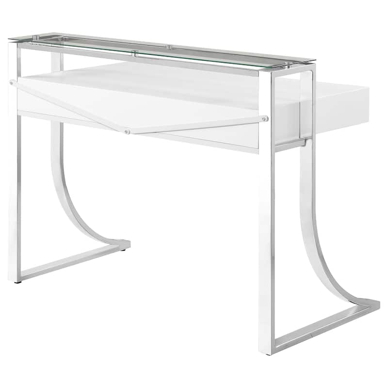 GDFStudio - Serrano High Gloss Writing Desk with Hutch, 2 Drawers, Chrome Metal Frame, and Tempered Glass Accent