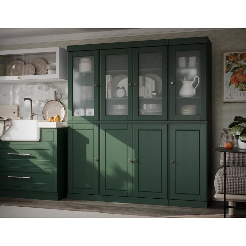 100% Solid Wood 65" Pantry China Cabinet with Solid, Frosted Glass Doors and Adjustable Shelves - Green