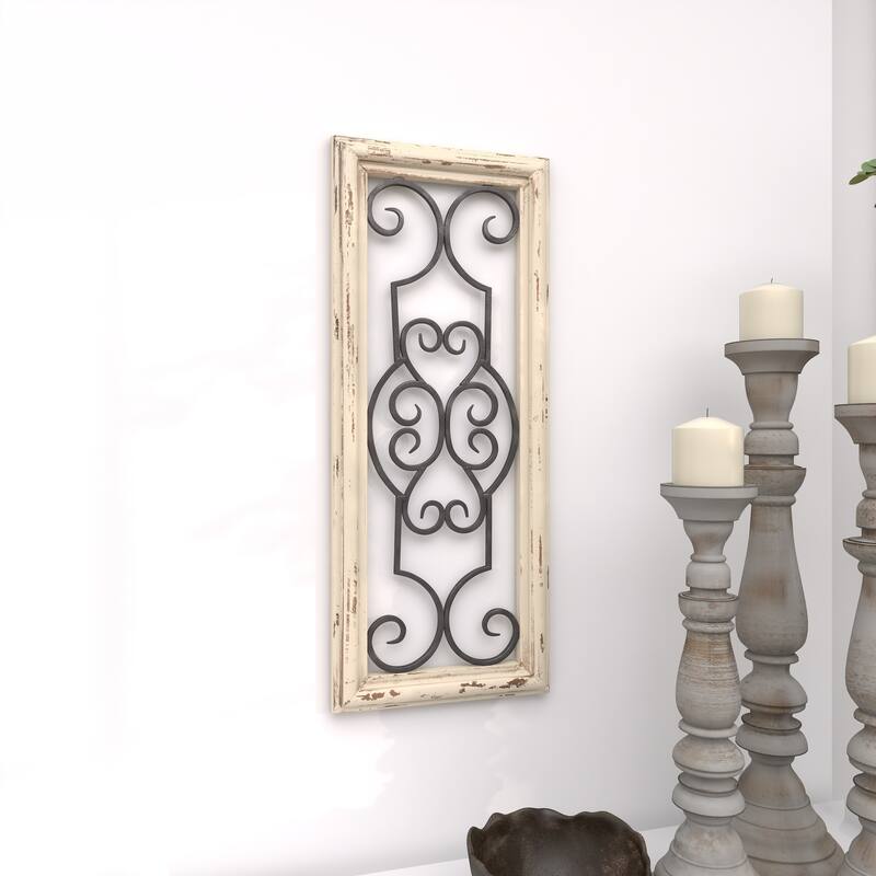 White Wood Small Panel Scroll Home Wall Decor with Black Metal Scrollwork