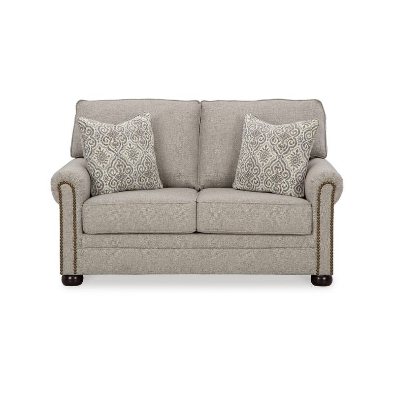 Gael Loveseat, Gray Beige Polyester, Dark Brown Nailhead Trim 64 Inch