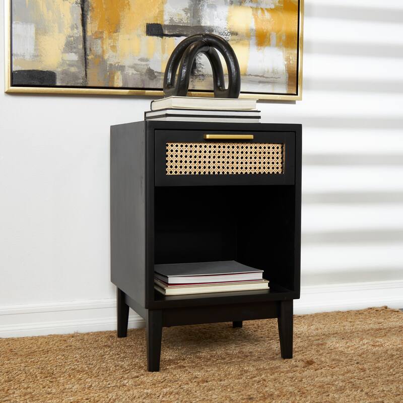 Wood 1 Drawer and 1 Cubby Shelf Accent Table with Beige Rattan Drawer and Gold Handle - Light Brown or Black - Roche River Decor