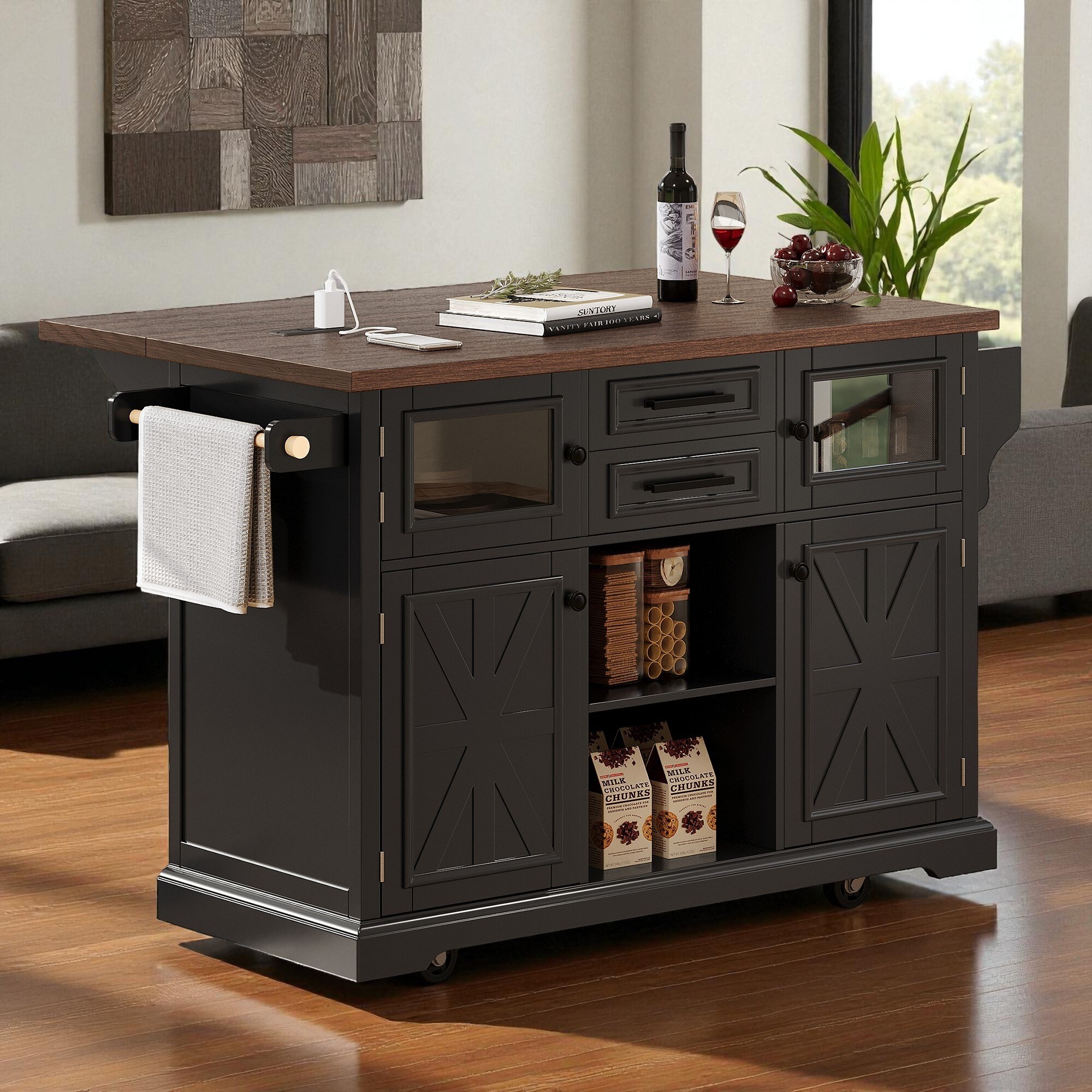 54.9" Farmhouse Kitchen Island with Drop Leaf, Power Outlet, Glass Door, 4 Storage Shelves & Barn Doors on Wheels
