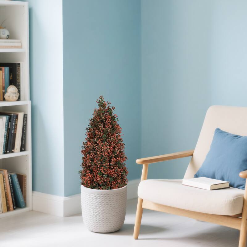 90cm Artificial Boxwood Topiary Tree For Outdoor Porch And Patio Decoration, Red , 2pcs/Set