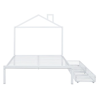 Full Metal Platform Bed with Two Drawers, House-Shaped Headboard Design, Non-Noise Bedroom Low Bed Frame W/Support Slats, White