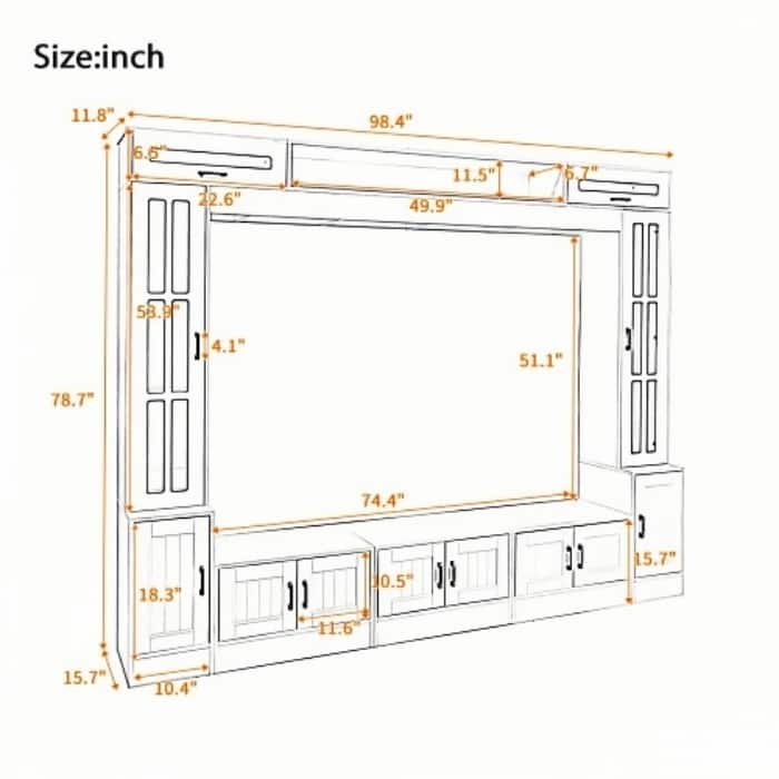 80 inch TV Stand, 8.4 ft Wall Unit Entertainment Center with Bookshelves & Glass Door Cabinets