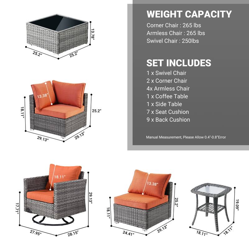 HOOOWOOO 9-piece Grey Wicker Patio Outdoor Sectional Set with Swivel Rocking Chair
