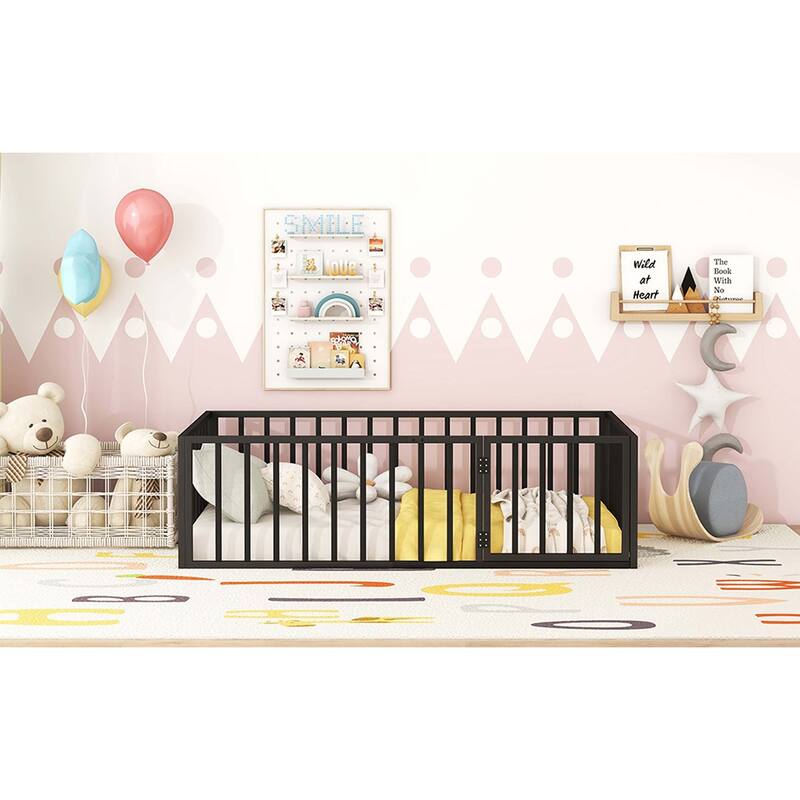 Metal Floor Bed Frame with Fence & Door